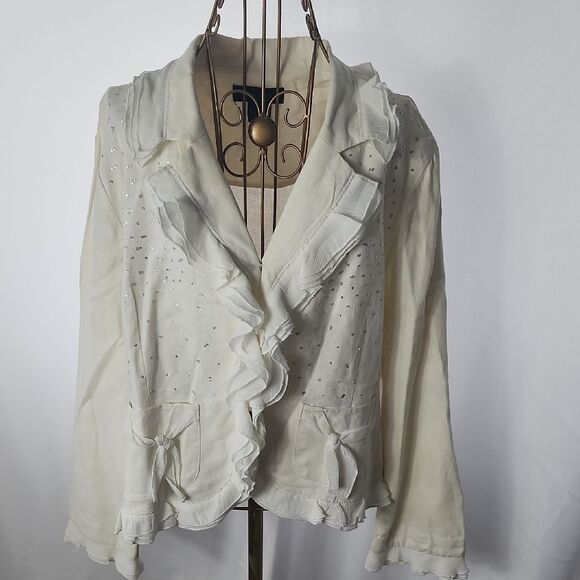 Linen Cotton Blend Ruffled Sequin Jacket Blazer Creamy White Size 16 - Picture 1 of 11
